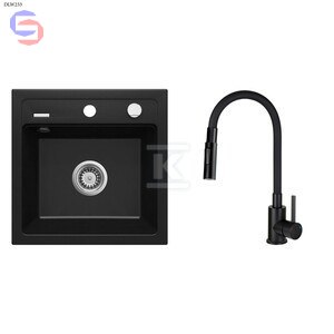 DEANTE ZORBA NERO Zlewozmywak granitowy 1-komorowy + bateria LUNO elastyczna wylewka